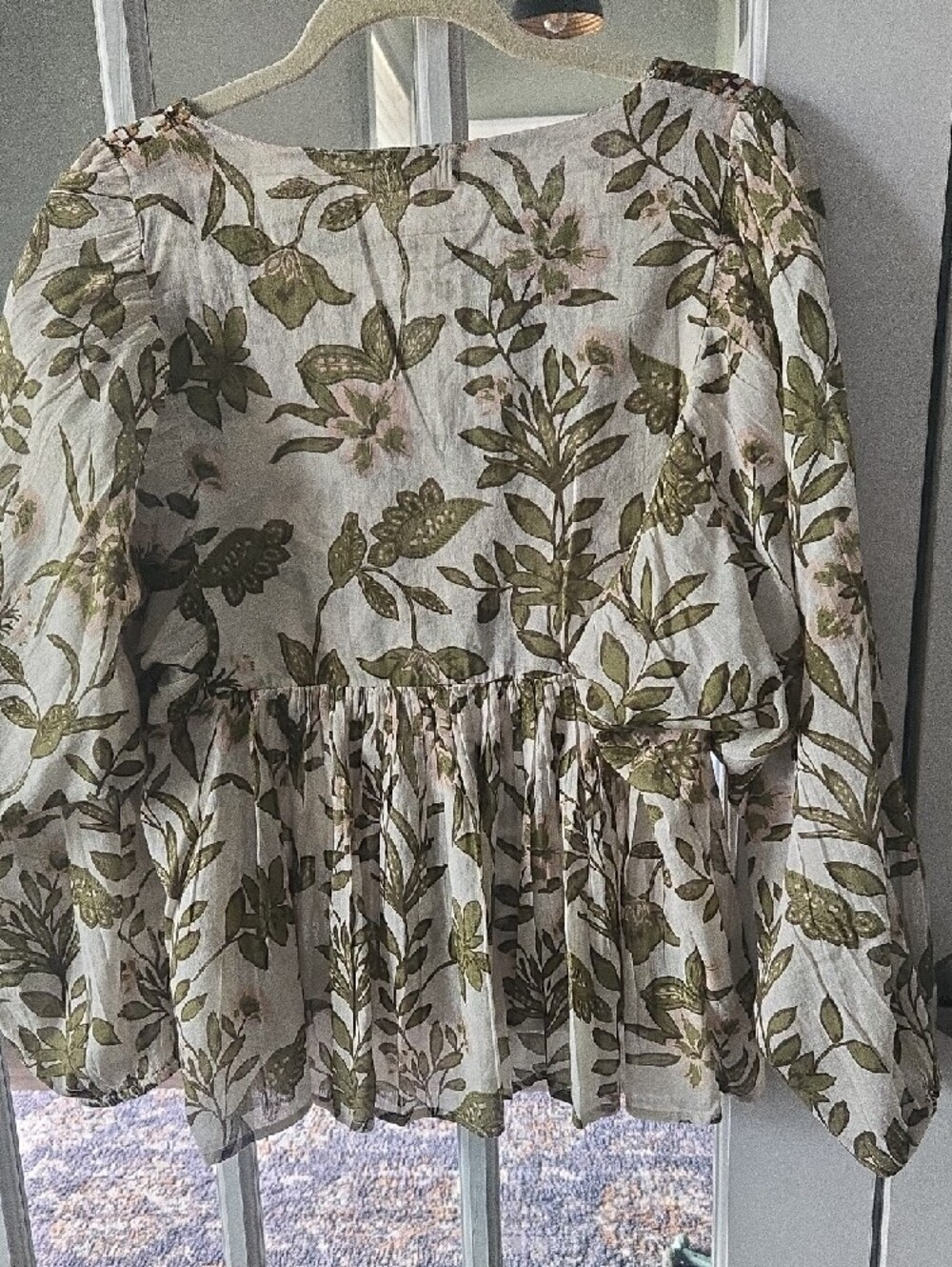 Cost Plus World Market Cream and Olive Green Floral Peasant Blouse - Picture 4 of 4